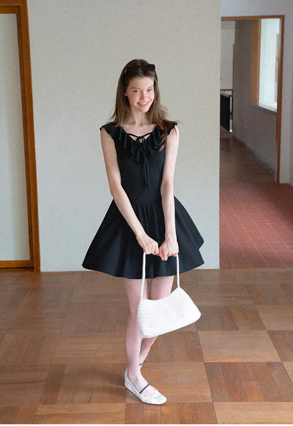 Ruffled Neckline Tie Front Flared Mini Dress
