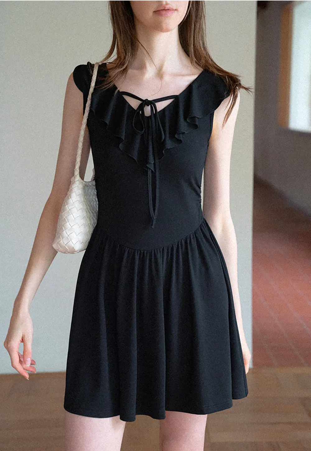 Ruffled Neckline Tie Front Flared Mini Dress