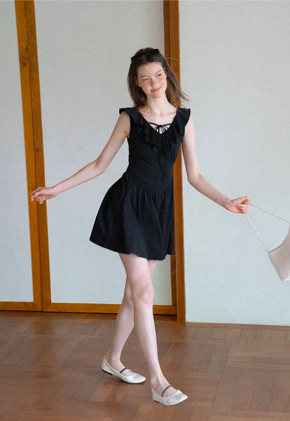 Ruffled Neckline Tie Front Flared Mini Dress