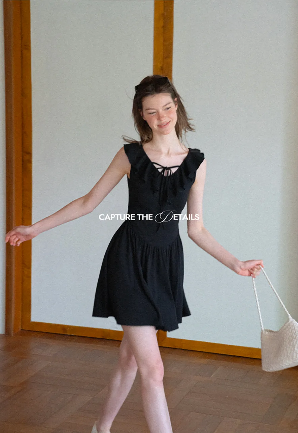 Ruffled Neckline Tie Front Flared Mini Dress
