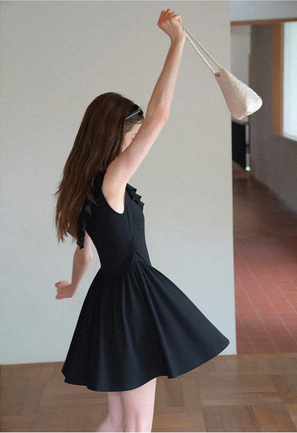 Ruffled Neckline Tie Front Flared Mini Dress