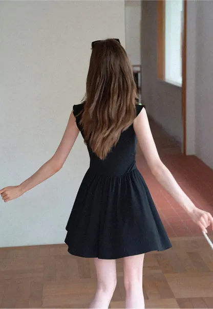 Ruffled Neckline Tie Front Flared Mini Dress