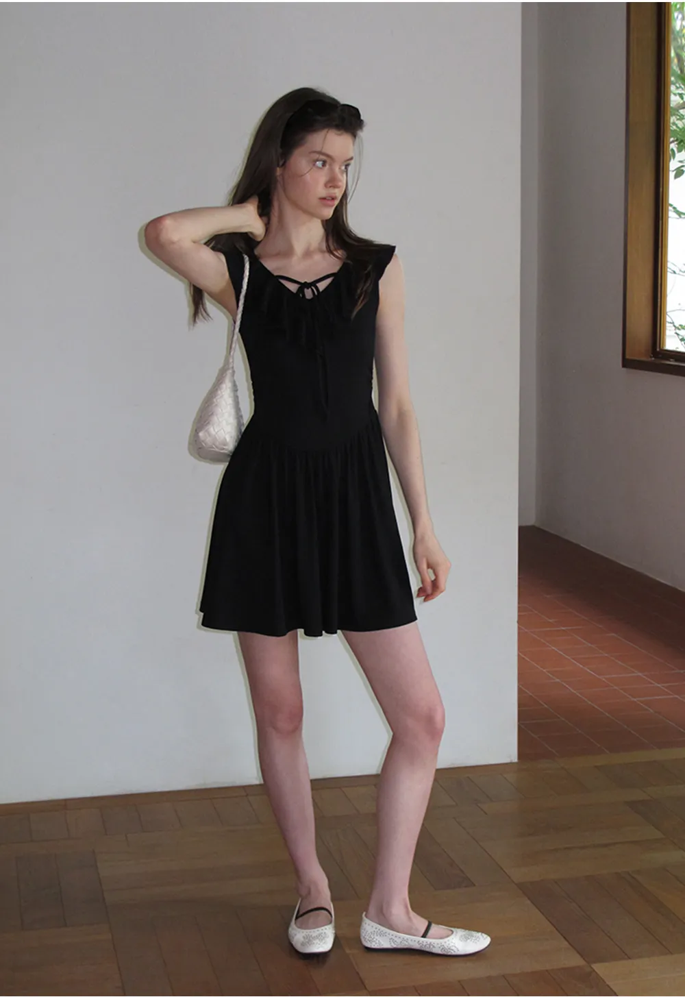 Ruffled Neckline Tie Front Flared Mini Dress