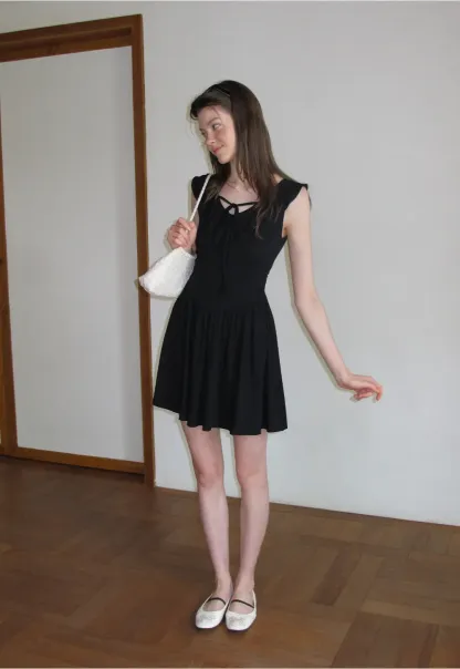 Ruffled Neckline Tie Front Flared Mini Dress