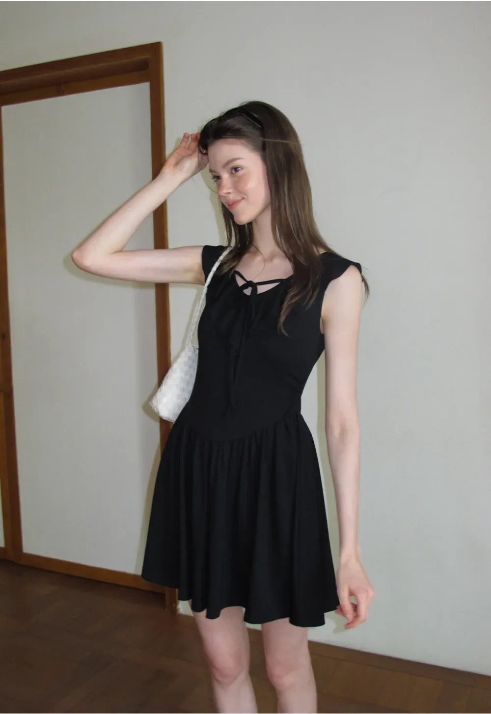 Ruffled Neckline Tie Front Flared Mini Dress