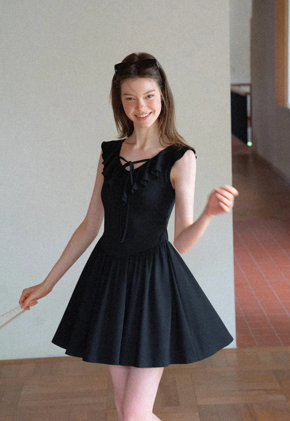 Ruffled Neckline Tie Front Flared Mini Dress