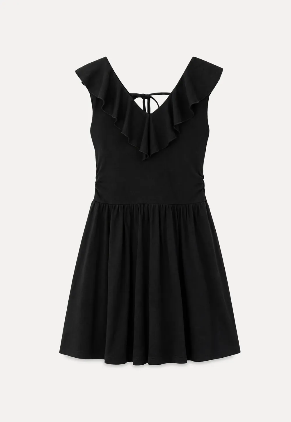 Ruffled Neckline Tie Front Flared Mini Dress