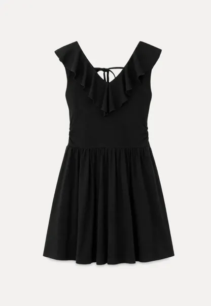 Ruffled Neckline Tie Front Flared Mini Dress