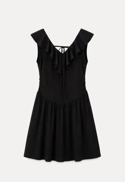 Ruffled Neckline Tie Front Flared Mini Dress