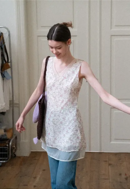 Floral Print V Neck Sleeveless Dress With Layered Hem