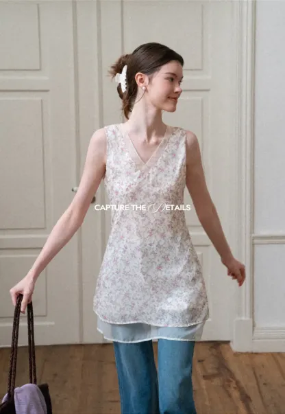 Floral Print V Neck Sleeveless Dress With Layered Hem
