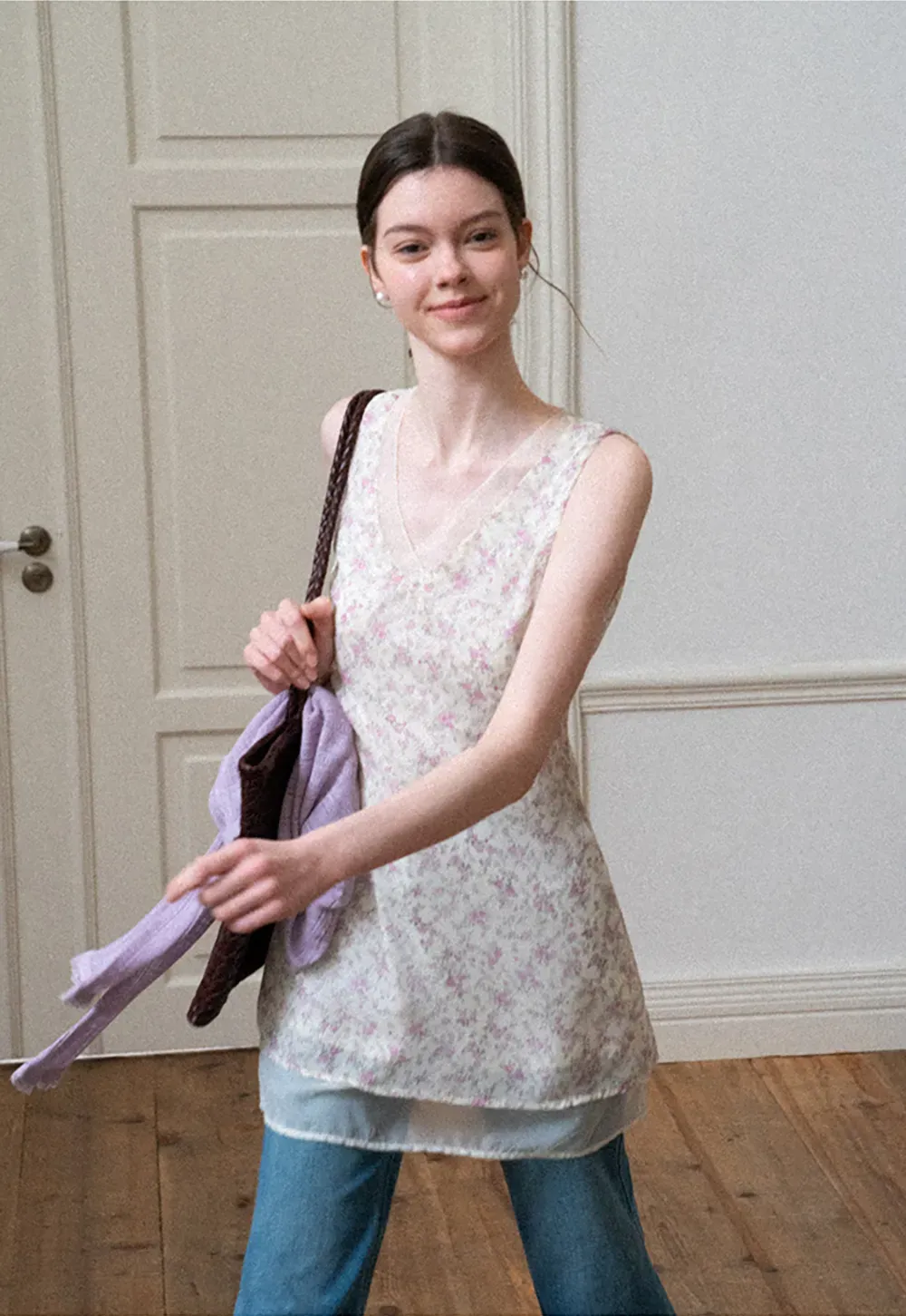 Floral Print V Neck Sleeveless Dress With Layered Hem