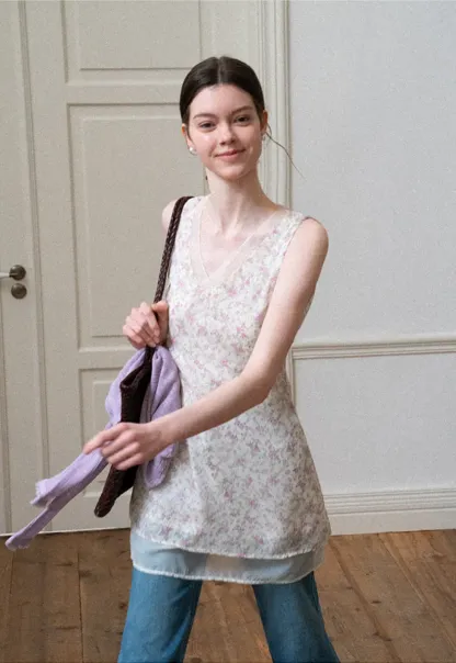 Floral Print V Neck Sleeveless Dress With Layered Hem