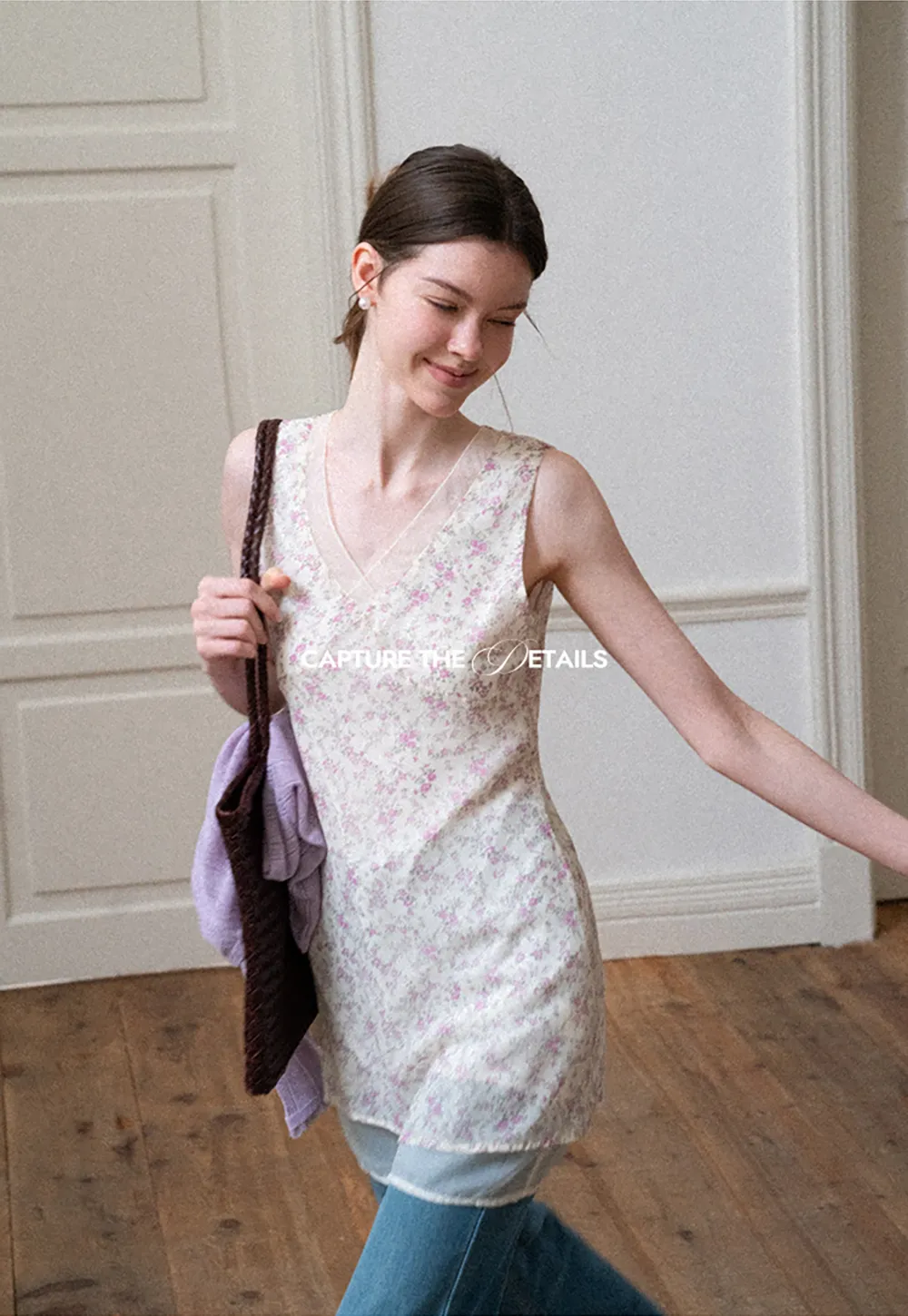 Floral Print V Neck Sleeveless Dress With Layered Hem
