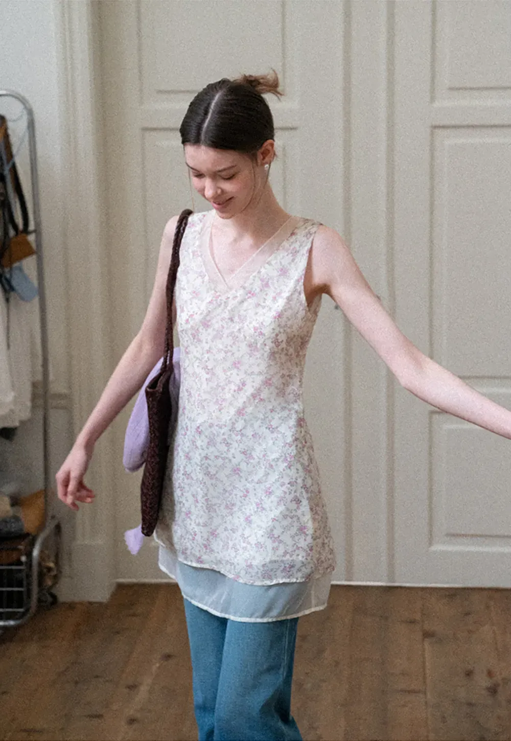 Floral Print V Neck Sleeveless Dress With Layered Hem