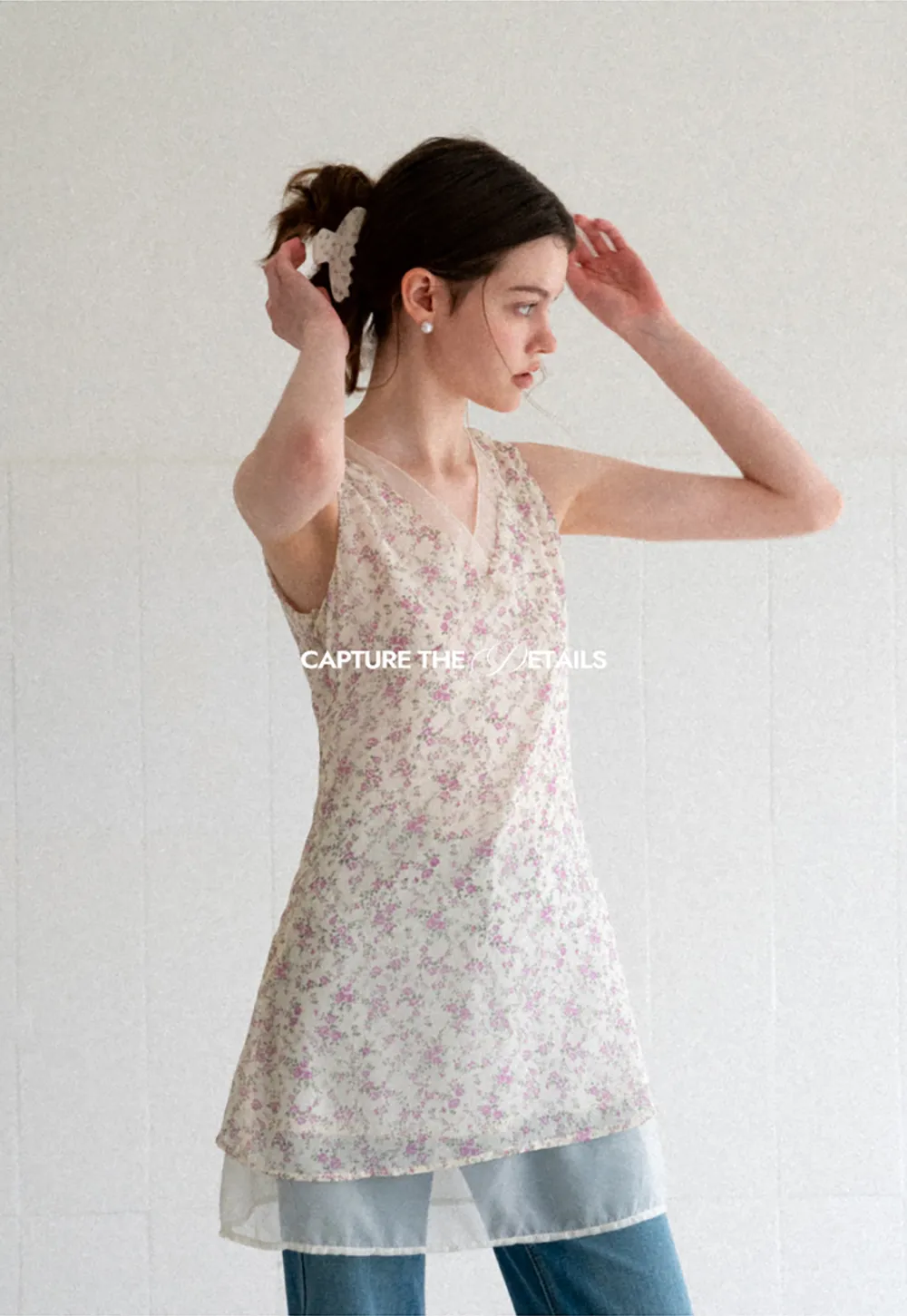 Floral Print V Neck Sleeveless Dress With Layered Hem