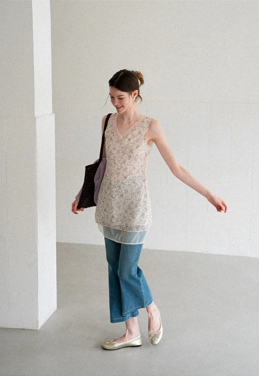 Floral Print V Neck Sleeveless Dress With Layered Hem