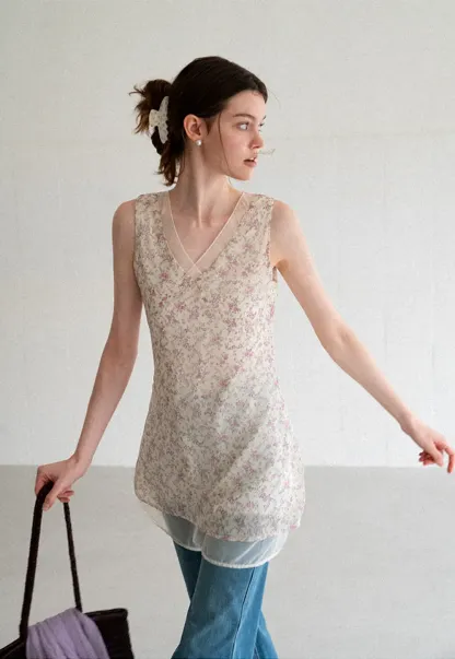 Floral Print V Neck Sleeveless Dress With Layered Hem