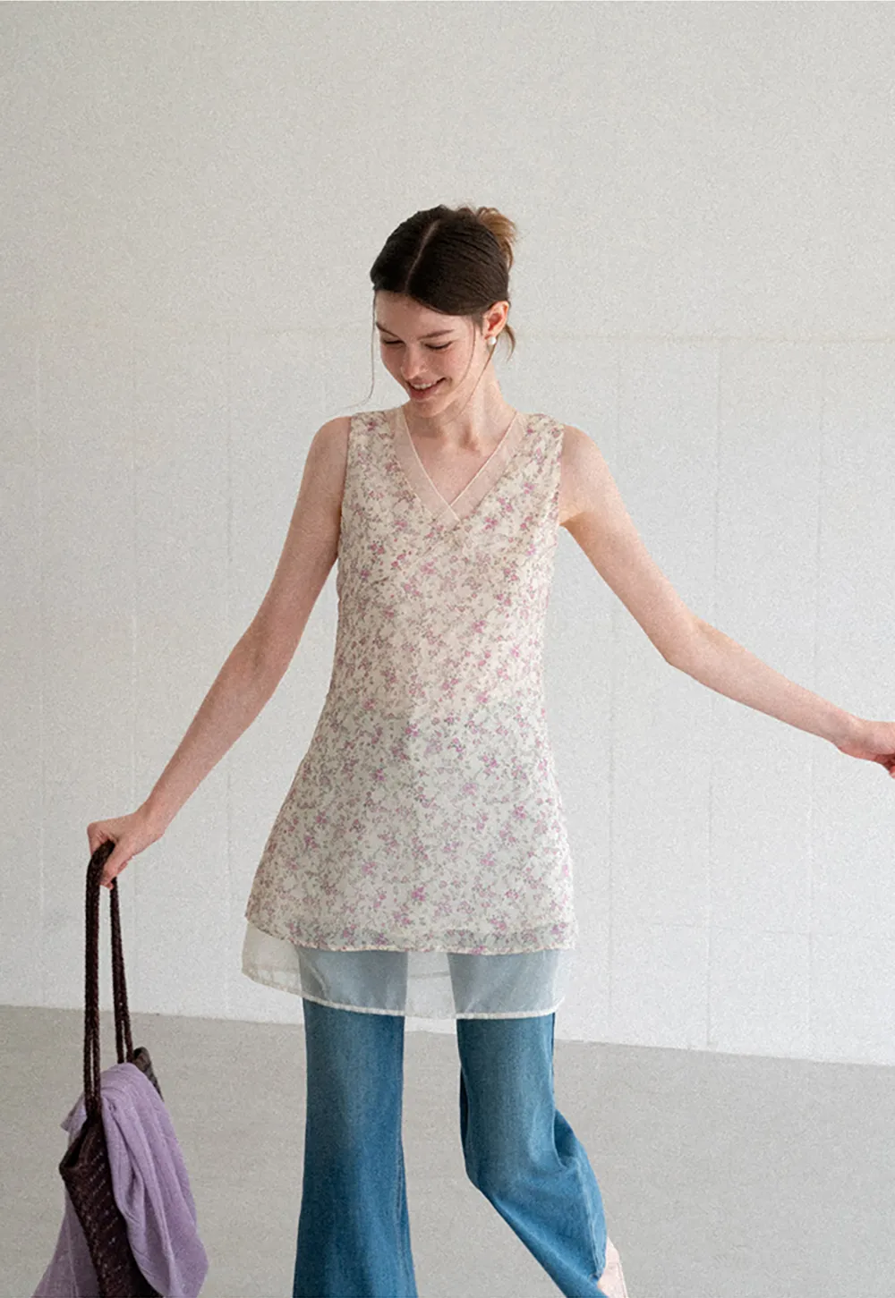 Floral Print V Neck Sleeveless Dress With Layered Hem