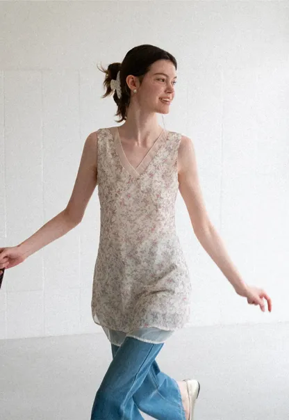 Floral Print V Neck Sleeveless Dress With Layered Hem