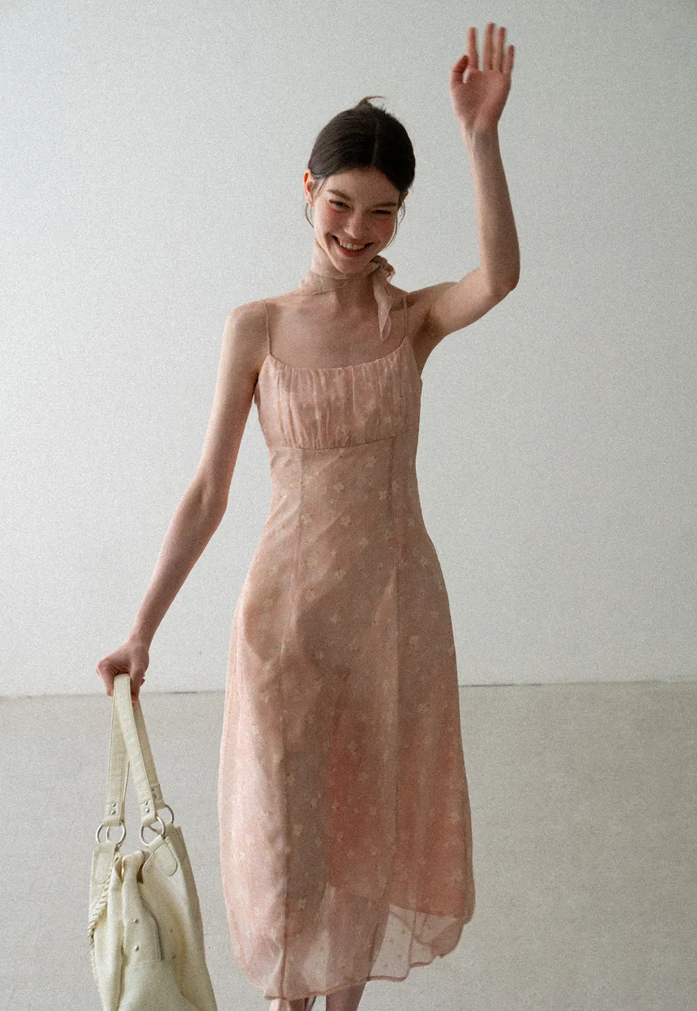 Square Neck Strappy Floral Print Midi Dress