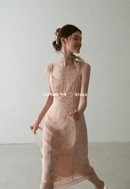 Square Neck Strappy Floral Print Midi Dress