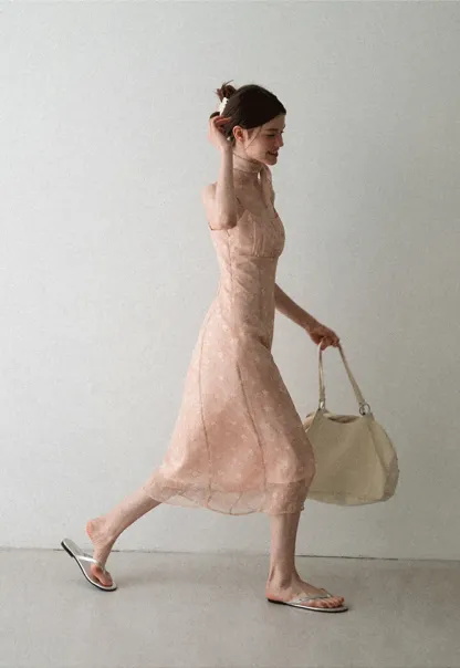 Square Neck Strappy Floral Print Midi Dress