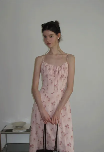 Floral Print Sleeveless Midi Dress with Adjustable Straps