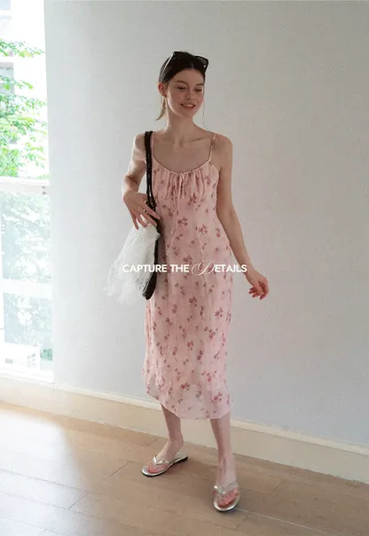 Floral Print Sleeveless Midi Dress with Adjustable Straps