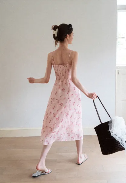 Floral Print Sleeveless Midi Dress with Adjustable Straps