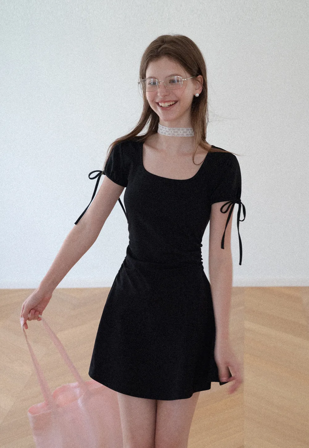 Square Neck Short Sleeve Tie Detail Dress