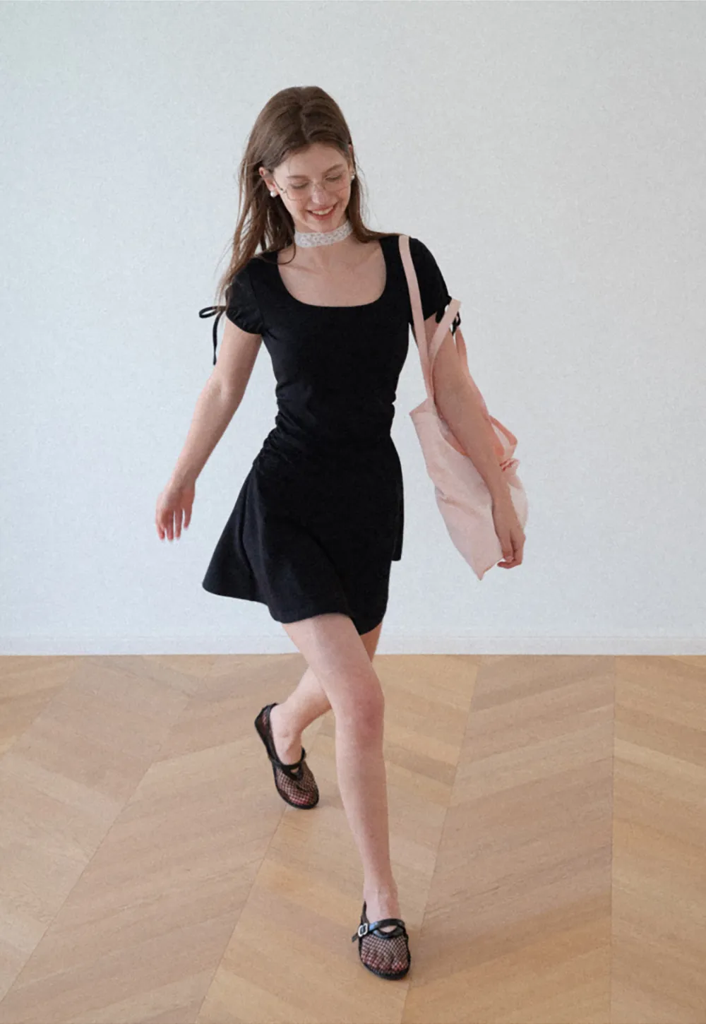 Square Neck Short Sleeve Tie Detail Dress