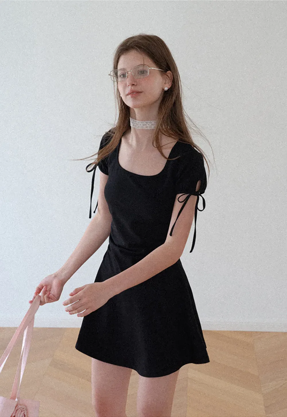 Square Neck Short Sleeve Tie Detail Dress
