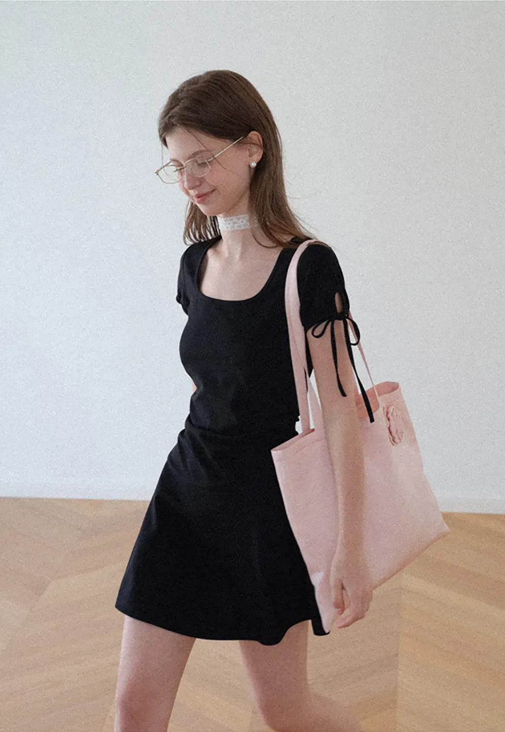 Square Neck Short Sleeve Tie Detail Dress