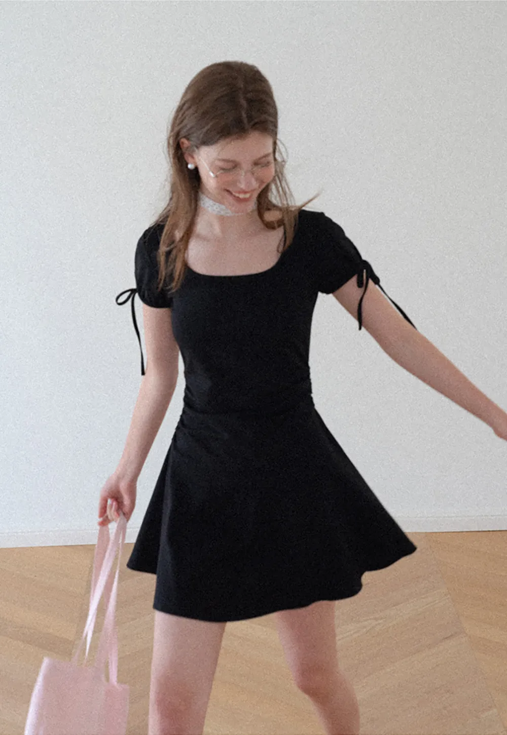 Square Neck Short Sleeve Tie Detail Dress