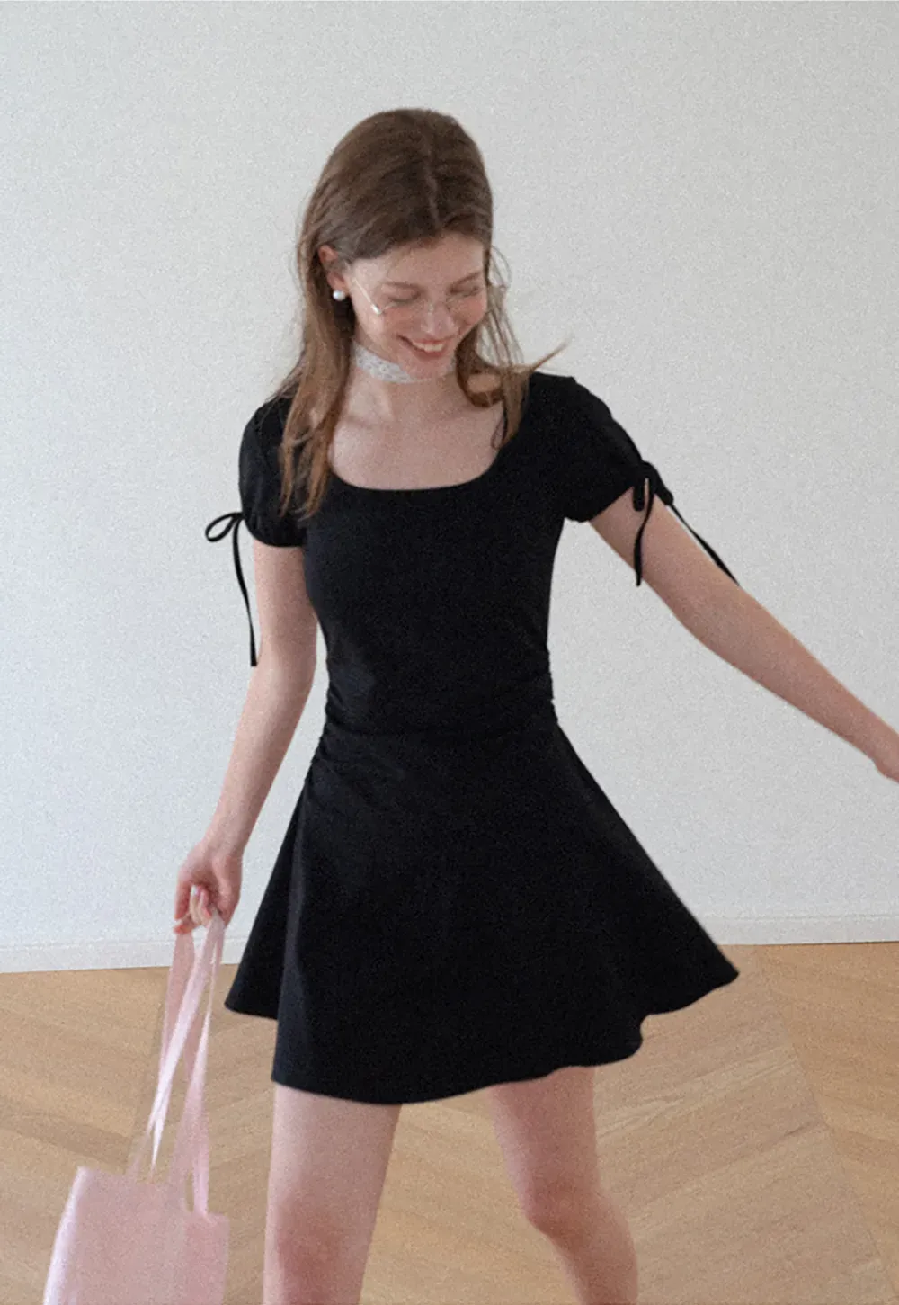 Square Neck Short Sleeve Tie Detail Dress
