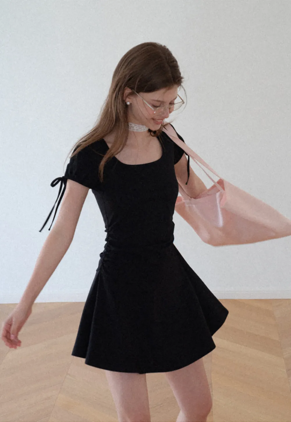Square Neck Short Sleeve Tie Detail Dress