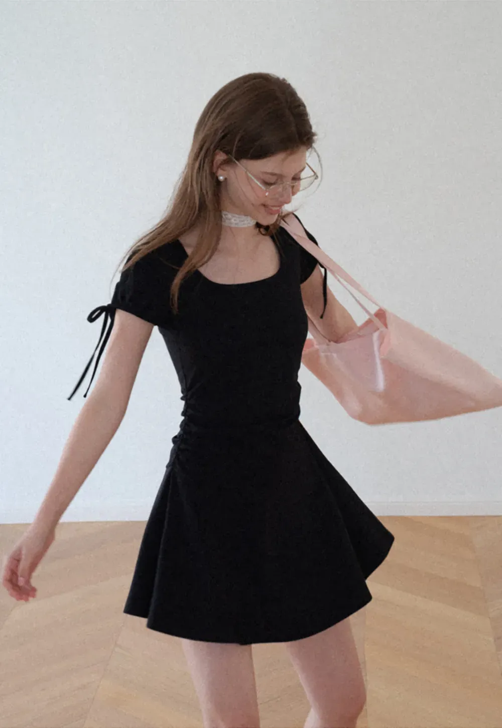 Square Neck Short Sleeve Tie Detail Dress