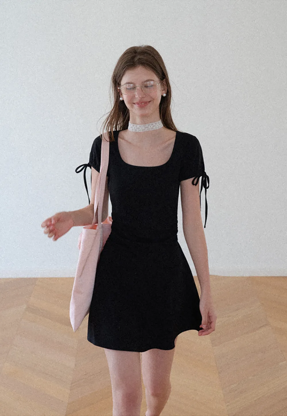 Square Neck Short Sleeve Tie Detail Dress