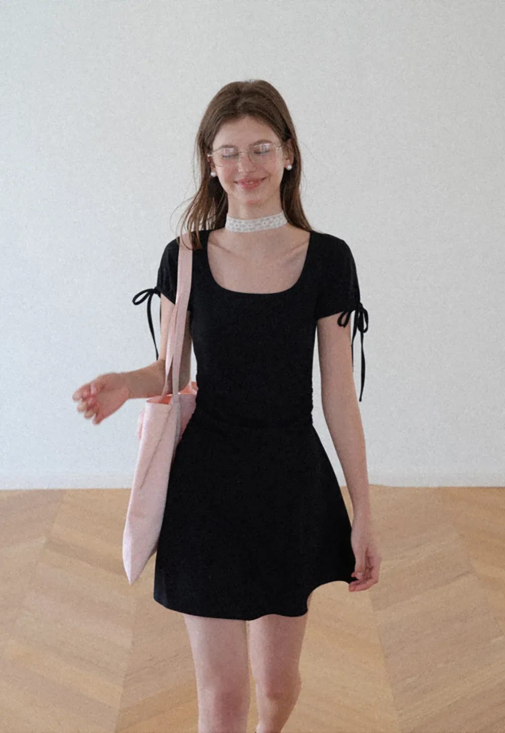 Square Neck Short Sleeve Tie Detail Dress
