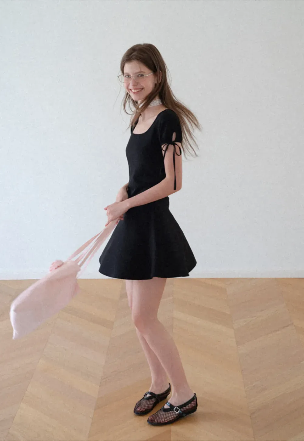 Square Neck Short Sleeve Tie Detail Dress