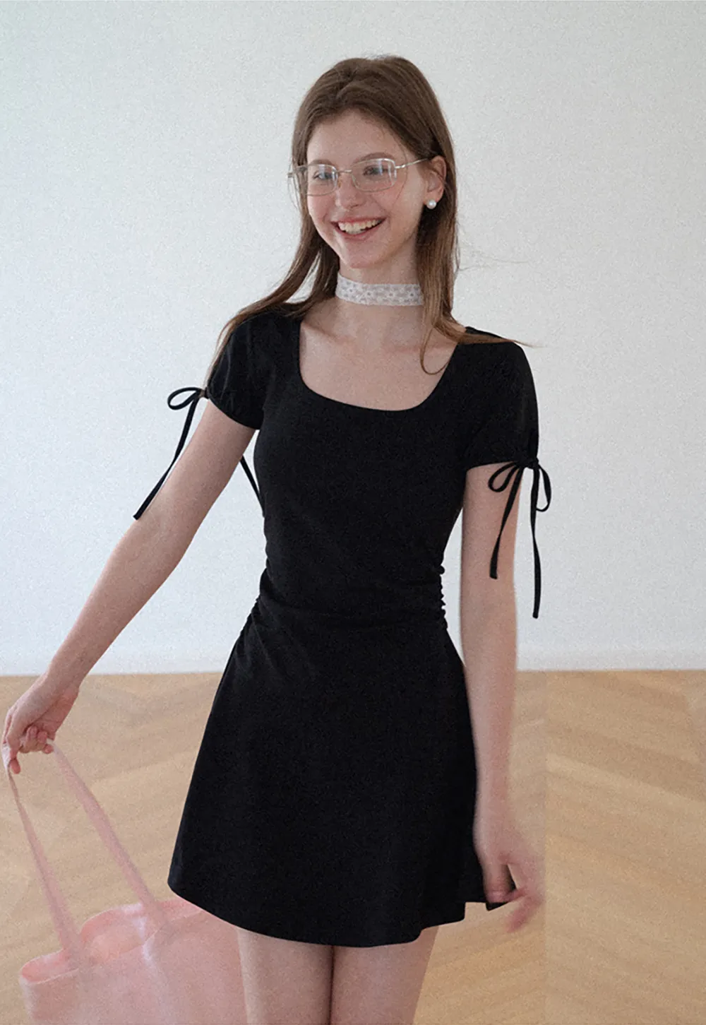 Square Neck Short Sleeve Tie Detail Dress