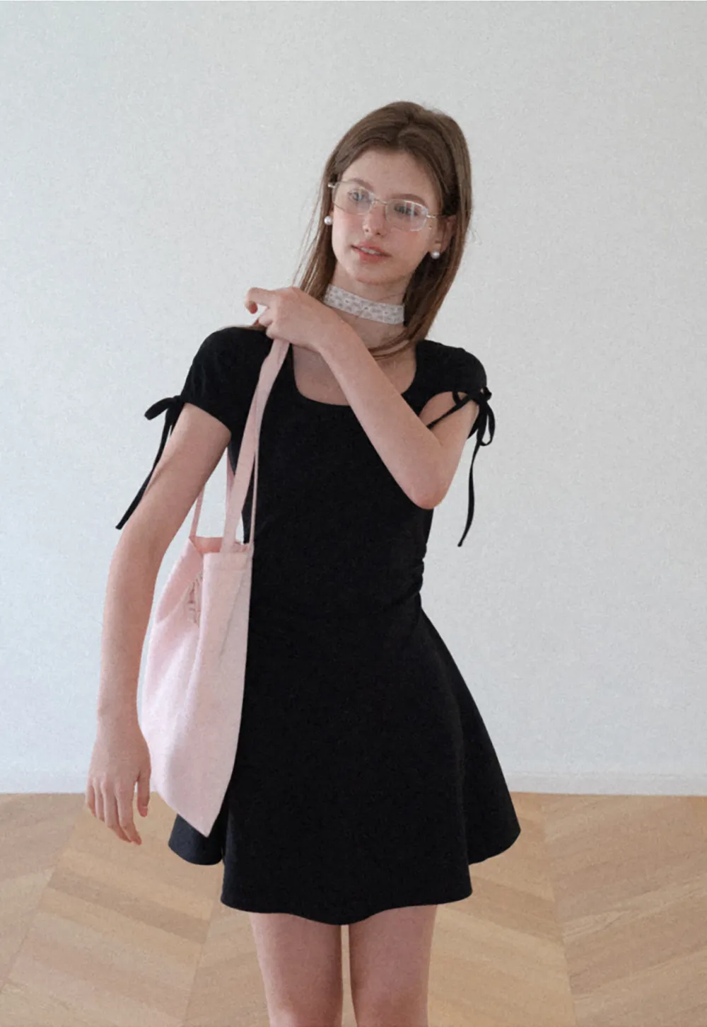 Square Neck Short Sleeve Tie Detail Dress