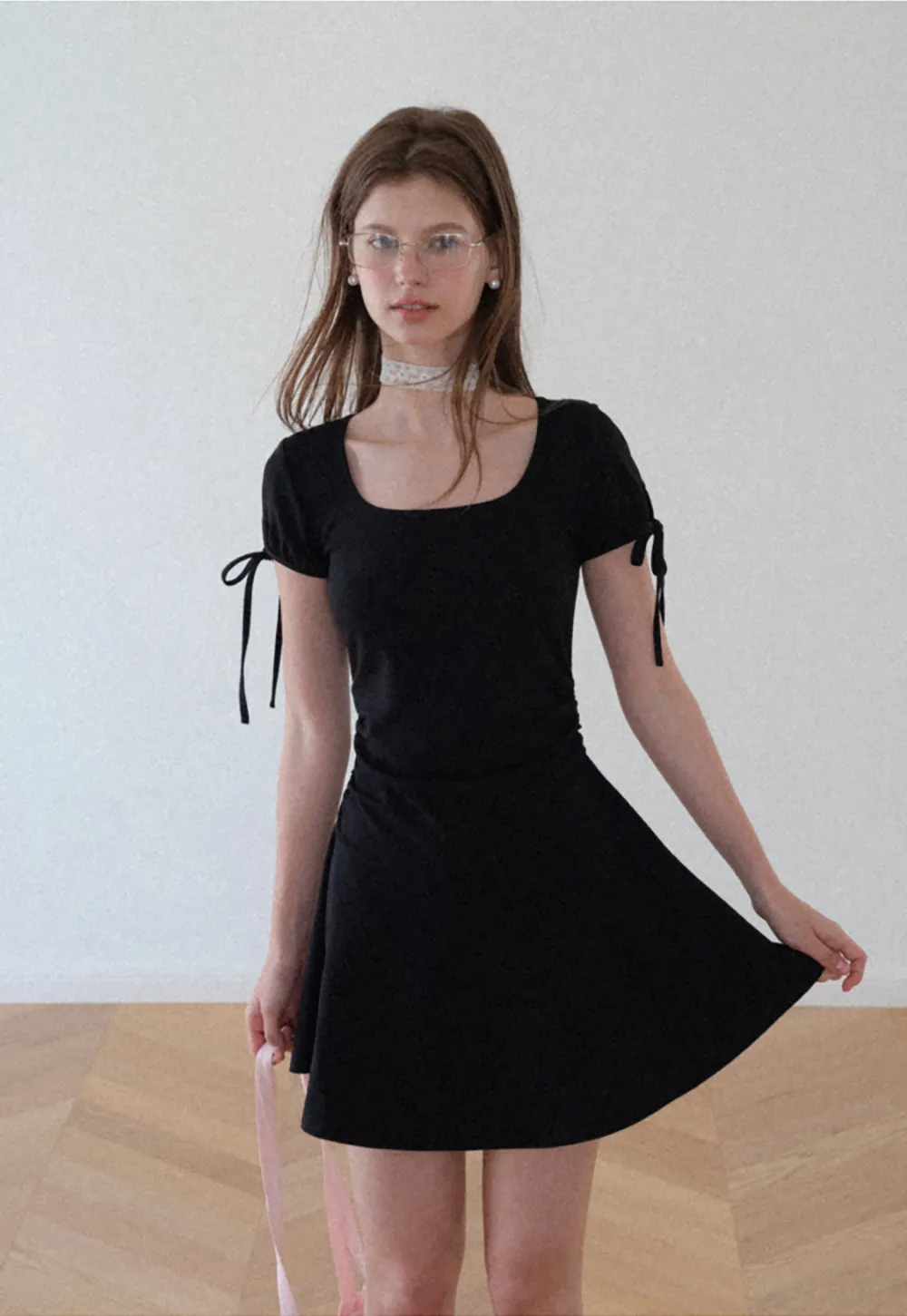 Square Neck Short Sleeve Tie Detail Dress