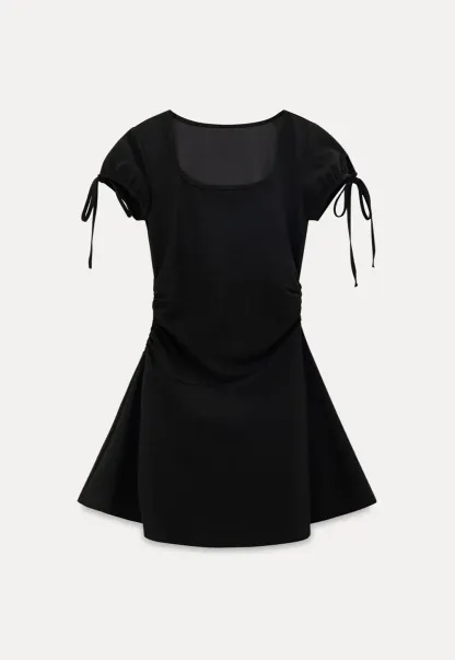 Square Neck Short Sleeve Tie Detail Dress