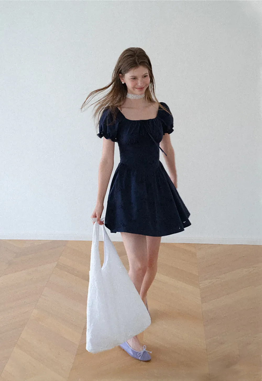 Drawstring Neckline Flared Mini Dress