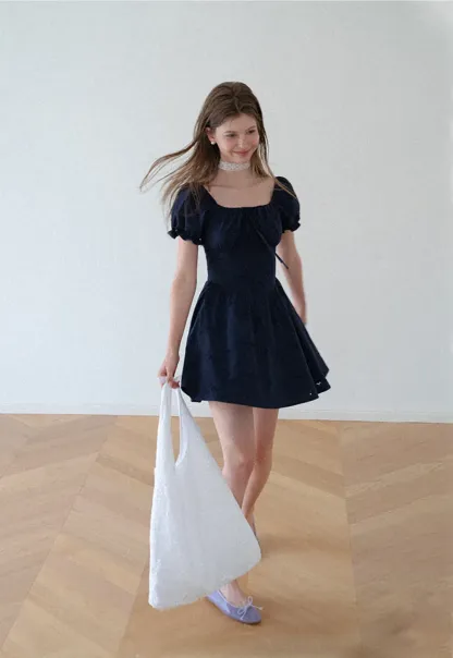Drawstring Neckline Flared Mini Dress