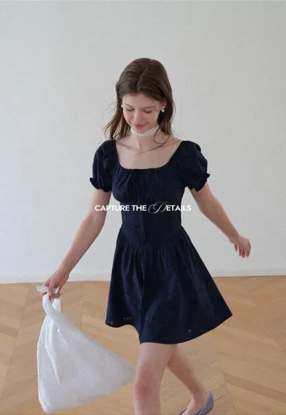 Drawstring Neckline Flared Mini Dress