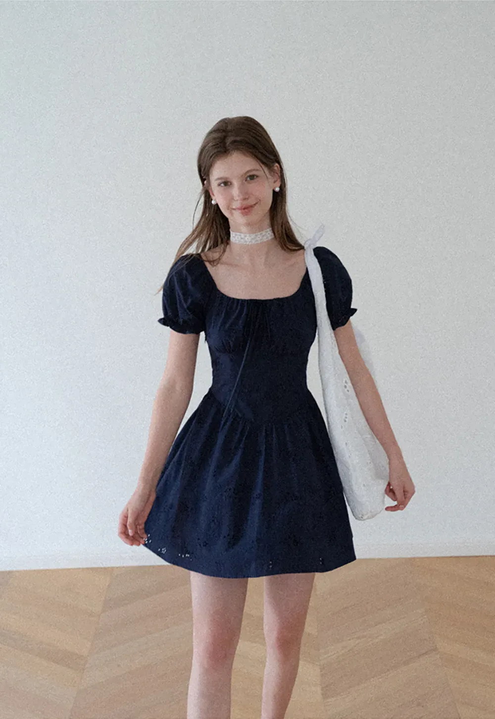 Drawstring Neckline Flared Mini Dress