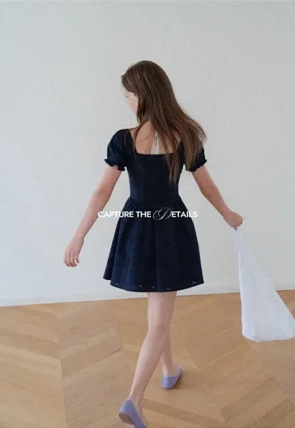 Drawstring Neckline Flared Mini Dress